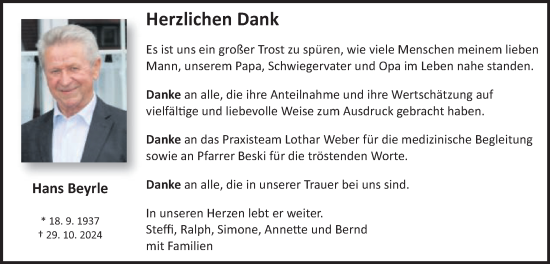 Traueranzeige von Hans Beyrle von Schwäbische Post