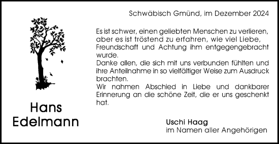 Traueranzeige von Hans Edelmann von Gmünder Tagespost