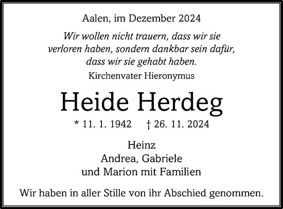 Traueranzeige von Heide Herdeg von Schwäbische Post
