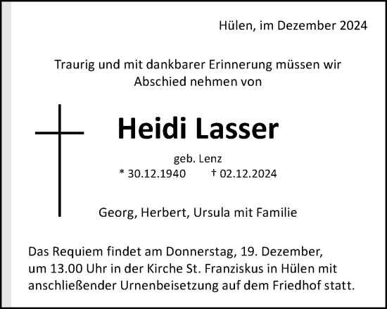 Traueranzeige von Heidi Lasser von Schwäbische Post