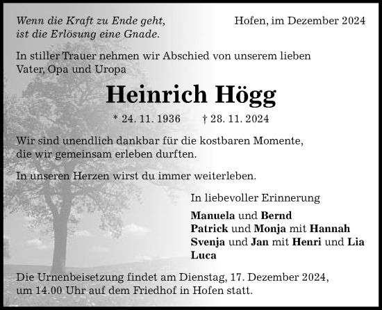 Traueranzeige von Heinrich Högg von Schwäbische Post