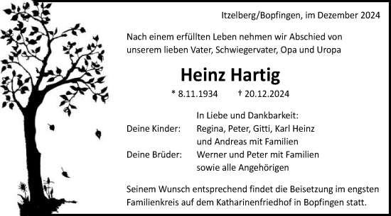 Traueranzeige von Heinz Hartig von Schwäbische Post