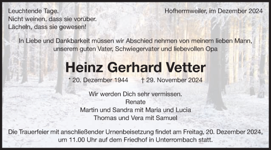 Traueranzeige von Heinz Gerhard Vetter von Schwäbische Post