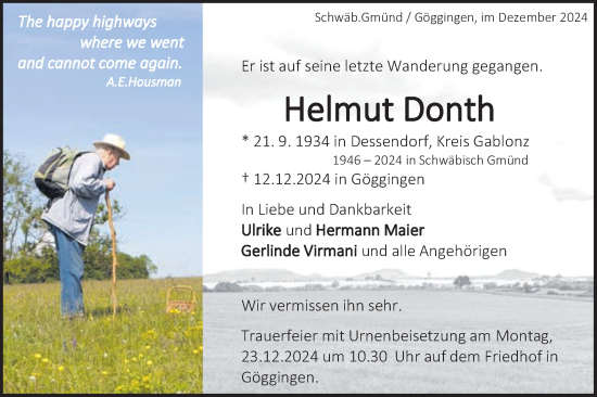 Traueranzeige von Helmut Donth von Gmünder Tagespost