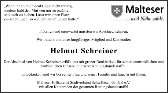 Traueranzeige von Helmut Schreiner von Gmünder Tagespost