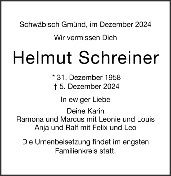 Traueranzeige von Helmut Schreiner von Gmünder Tagespost