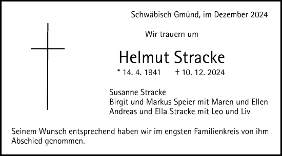 Traueranzeige von Helmut Stracke von Gmünder Tagespost