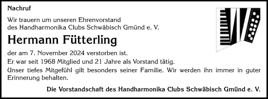 Traueranzeige von Hermann Fütterling von Gmünder Tagespost