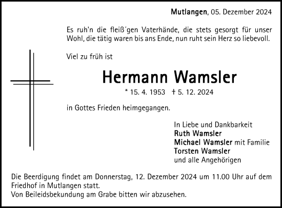 Traueranzeige von Hermann Wamsler von Gmünder Tagespost