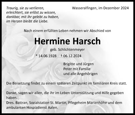 Traueranzeige von Hermine Harsch von Schwäbische Post