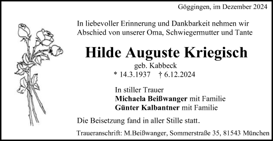 Traueranzeige von Hilde  Kriegisch von Gmünder Tagespost