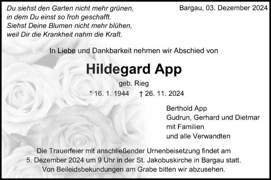 Traueranzeige von Hildegard App von Gmünder Tagespost