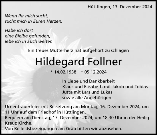 Traueranzeige von Hildegard Follner von Schwäbische Post