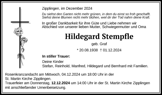 Traueranzeige von Hildegard Stempfle von Schwäbische Post