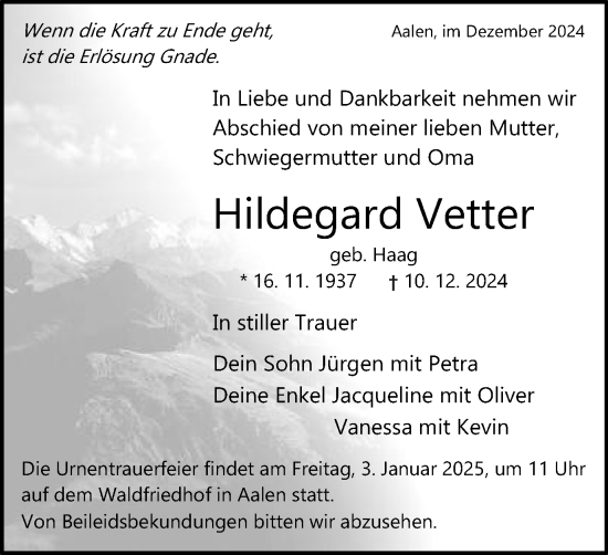 Traueranzeige von Hildegard Vetter von Schwäbische Post