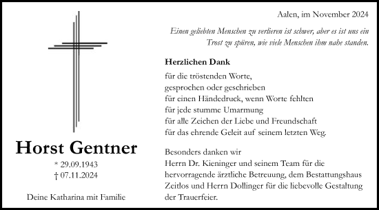 Traueranzeige von Horst Gentner von Schwäbische Post