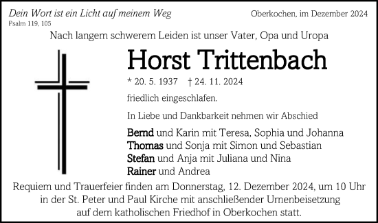 Traueranzeige von Horst Trittenbach von Schwäbische Post