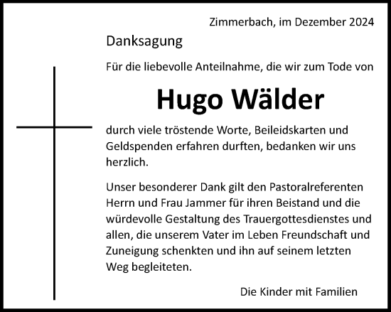 Traueranzeige von Hugo Wälder von Gmünder Tagespost