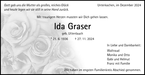 Traueranzeige von Ida Graser von Schwäbische Post