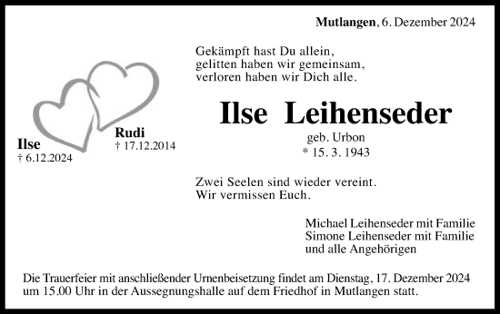 Traueranzeige von Ilse Leihenseder von Gmünder Tagespost