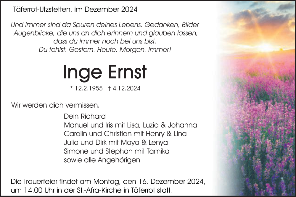  Traueranzeige für Inge Ernst vom 11.12.2024 aus Gmünder Tagespost