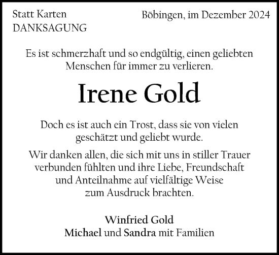 Traueranzeige von Irene Gold von Gmünder Tagespost