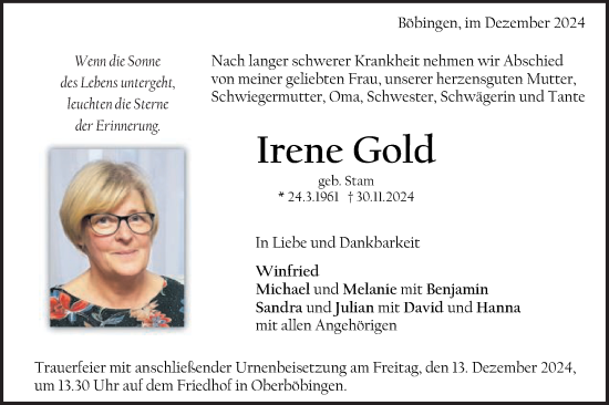 Traueranzeige von Irene Gold von Gmünder Tagespost