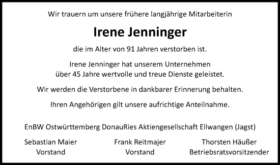 Traueranzeige von Irene Jenninger von Schwäbische Post