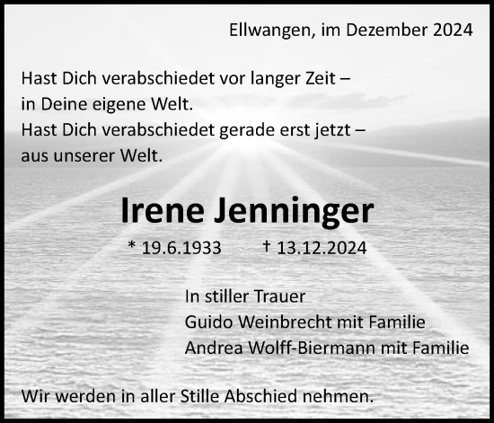 Traueranzeige von Irene Jenninger von Schwäbische Post