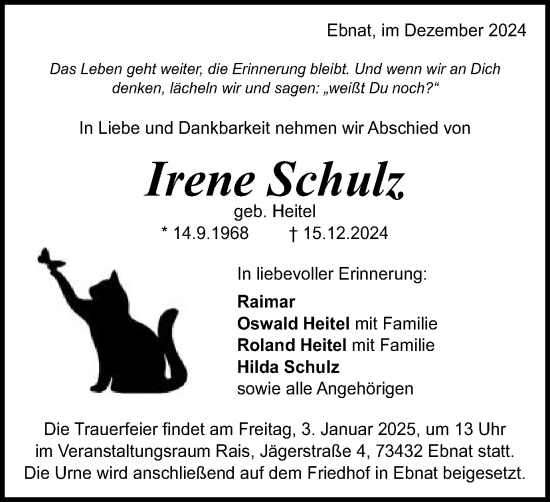 Traueranzeige von Irene Schulz von Schwäbische Post