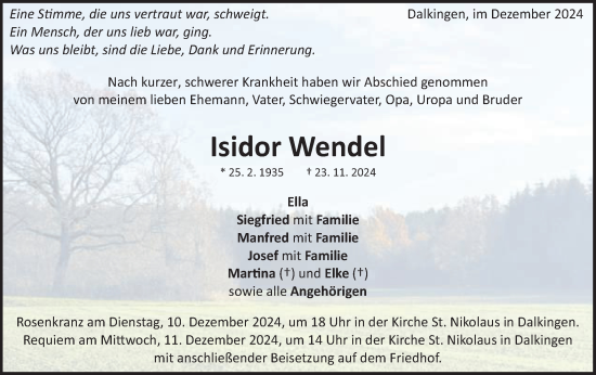 Traueranzeige von Isidor Wendel von Schwäbische Post