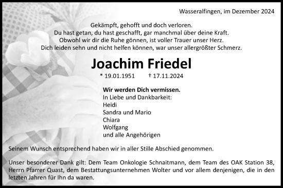 Traueranzeige von Joachim Friedel von Schwäbische Post
