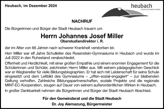 Traueranzeige von Johannes  Miller von Gmünder Tagespost