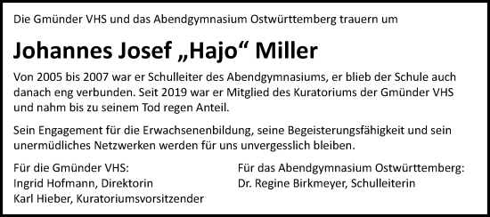 Traueranzeige von Johannes  Miller von Gmünder Tagespost