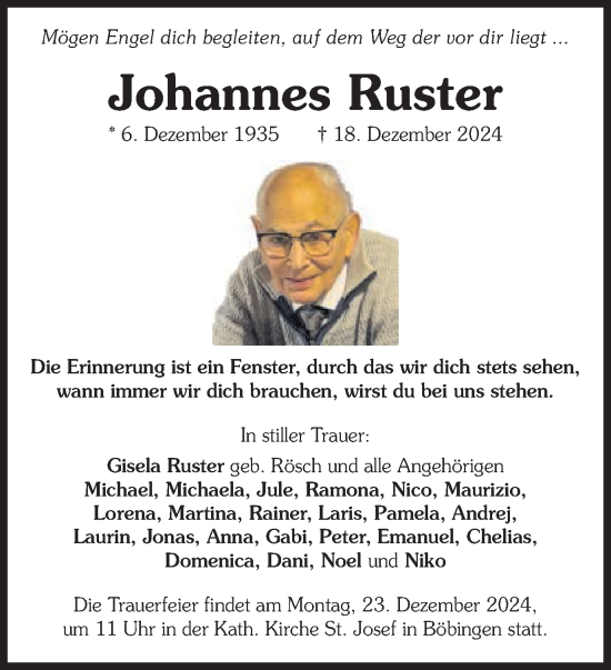 Traueranzeige von Johannes Ruster von Gmünder Tagespost
