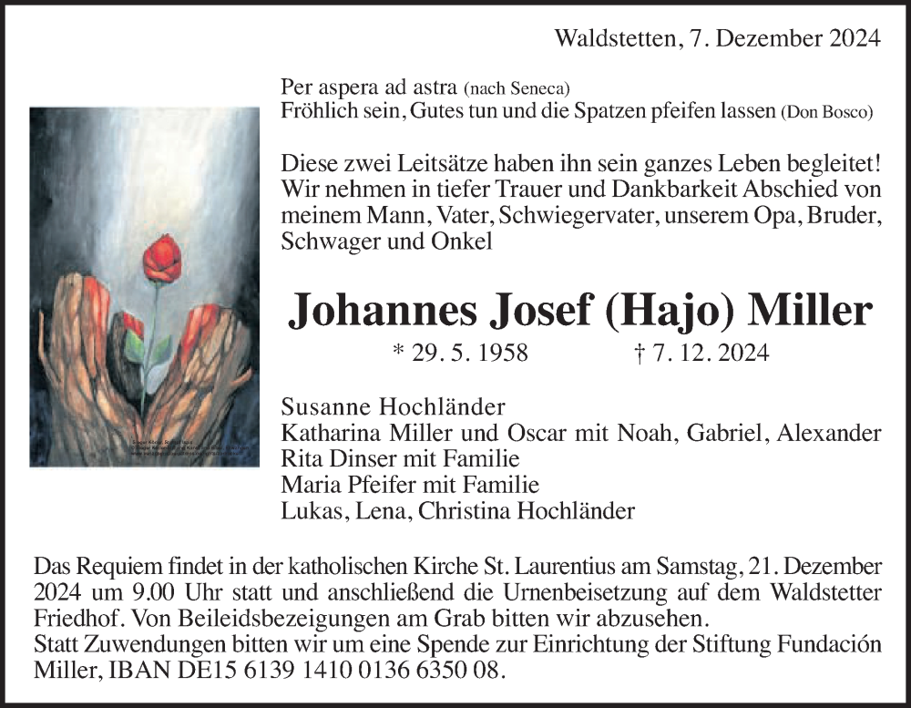  Traueranzeige für Johannes Josef Miller vom 14.12.2024 aus Schwäbische Post