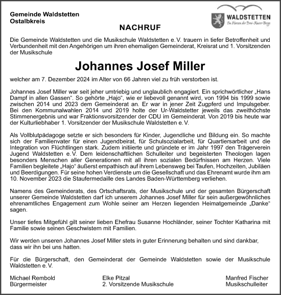 Traueranzeige von Johannes Josef Miller von Gmünder Tagespost