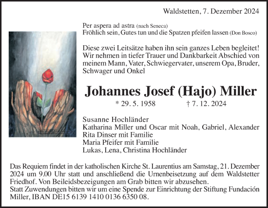 Traueranzeige von Johannes Josef Miller von Schwäbische Post