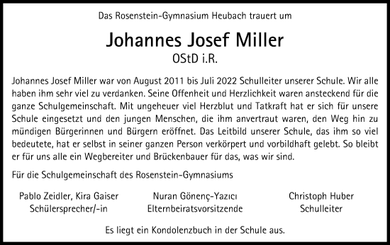 Traueranzeige von Johannes Josef Miller von Gmünder Tagespost