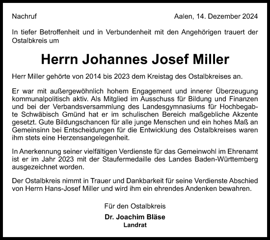 Traueranzeige von Johannes Josef Miller von Gmünder Tagespost