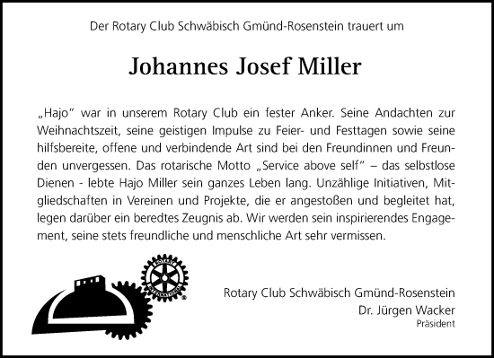 Traueranzeige von Johannes Josef Miller von Gmünder Tagespost