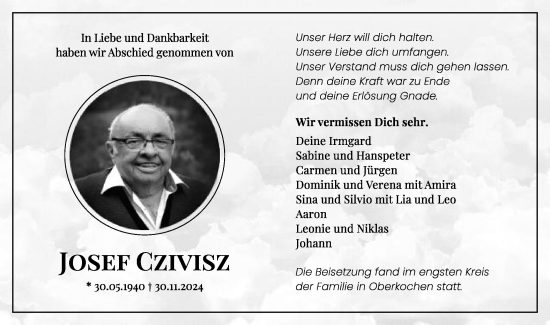 Traueranzeige von Josef Czivisz von Schwäbische Post