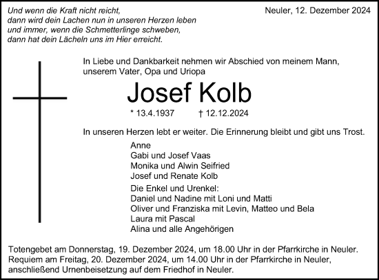 Traueranzeige von Josef Kolb von Schwäbische Post