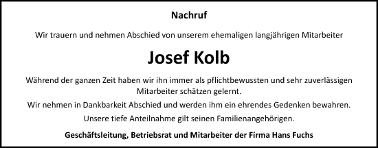 Traueranzeige von Josef Kolb von Schwäbische Post