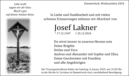 Traueranzeige von Josef Lakner von Gmünder Tagespost