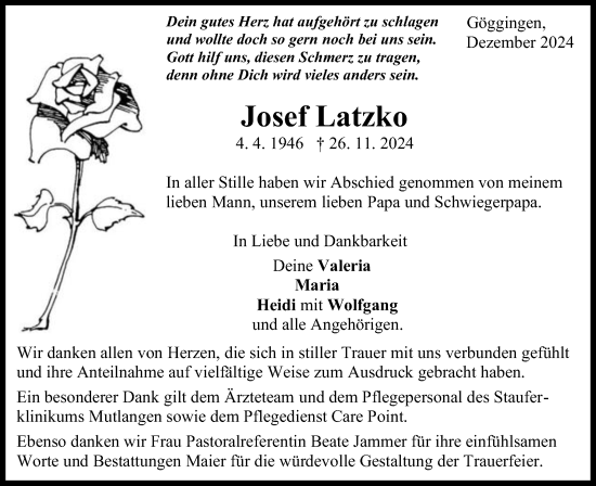 Traueranzeige von Josef Latzko von Gmünder Tagespost