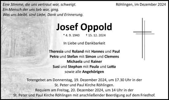 Traueranzeige von Josef Oppold von Schwäbische Post