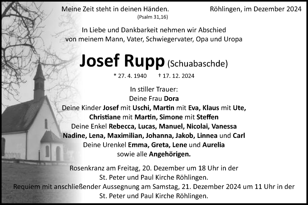  Traueranzeige für Josef Rupp vom 19.12.2024 aus Schwäbische Post