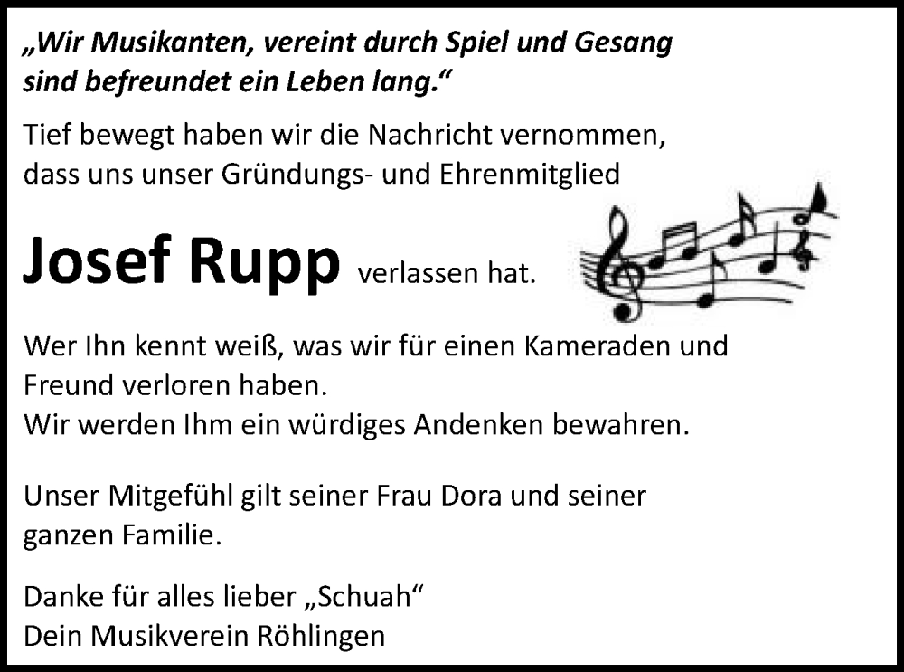  Traueranzeige für Josef Rupp vom 19.12.2024 aus Schwäbische Post