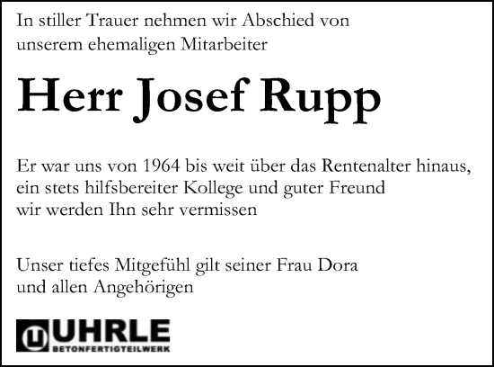 Traueranzeige von Josef Rupp von Schwäbische Post